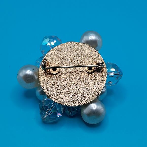 Vintage Snowflake Brooch, Beaded Faux Pearl Aurora Borealis Crystals, 1960s, 2" - Picture 9 of 9